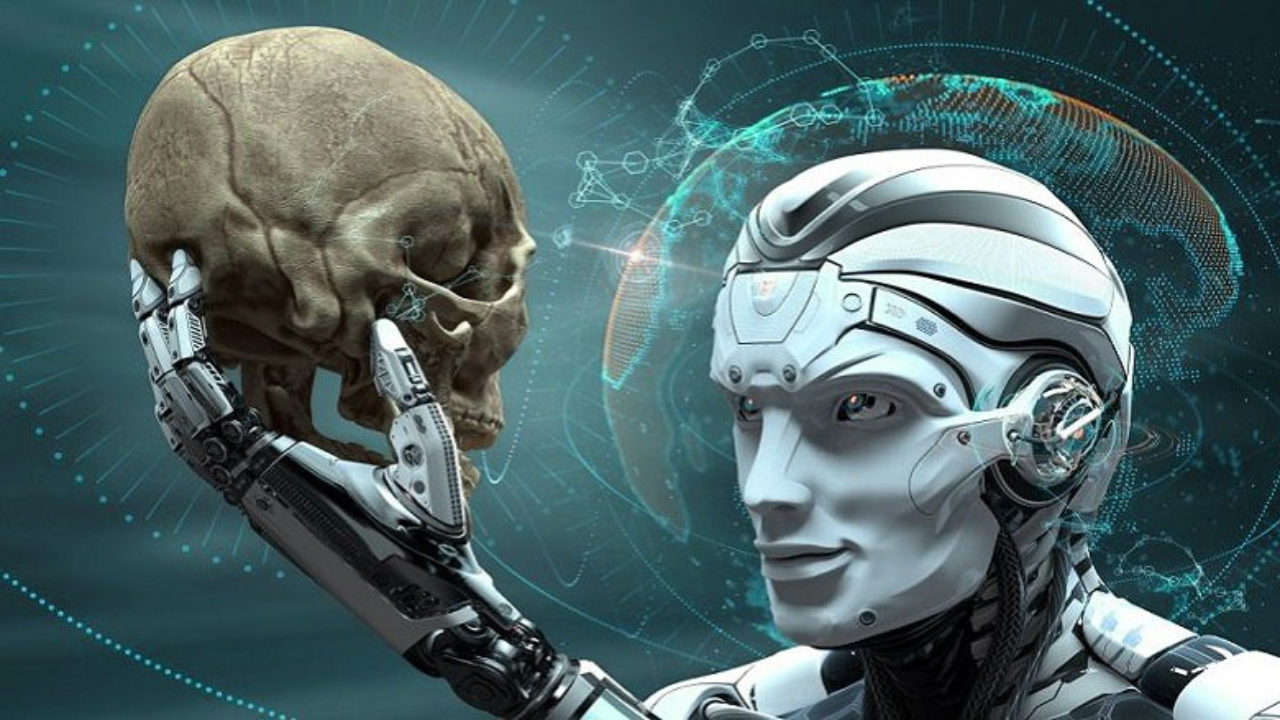 Yapay Zeka ve İnsanlığın Geleceği. İnsan kafatası tutan robot.